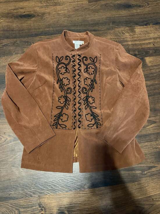 Coldwater Creek Jackets & Blazers - Coldwater Creek Brown Faux Suede Embroidered Floral Blazer Jacket Size 16